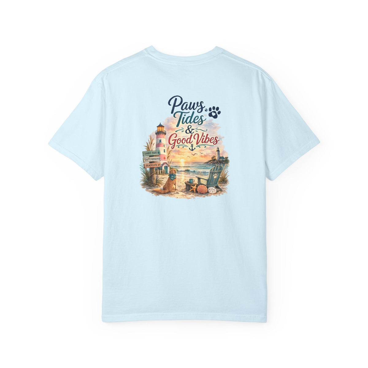 Paws Tides & Good Vibes T-Shirt | Beach Dog Paw Print Coastal Scene