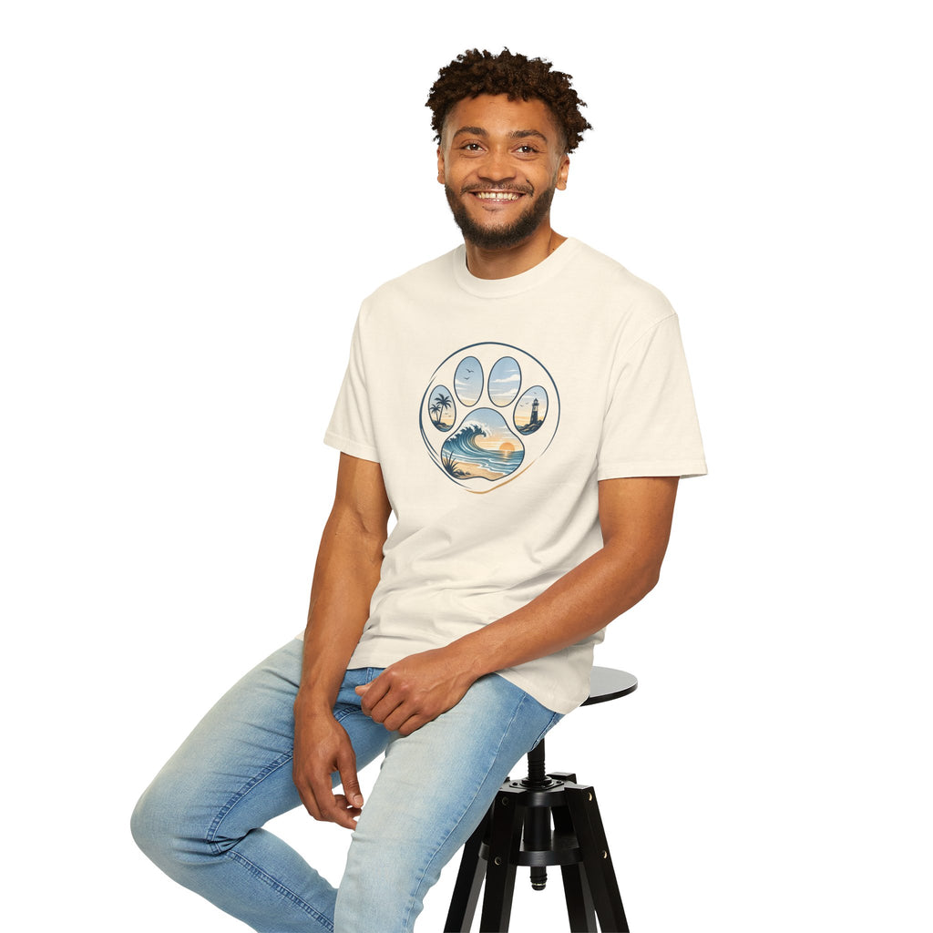 Ocean Paw Surf T-Shirt — Beach Sunset Paw Print Tee