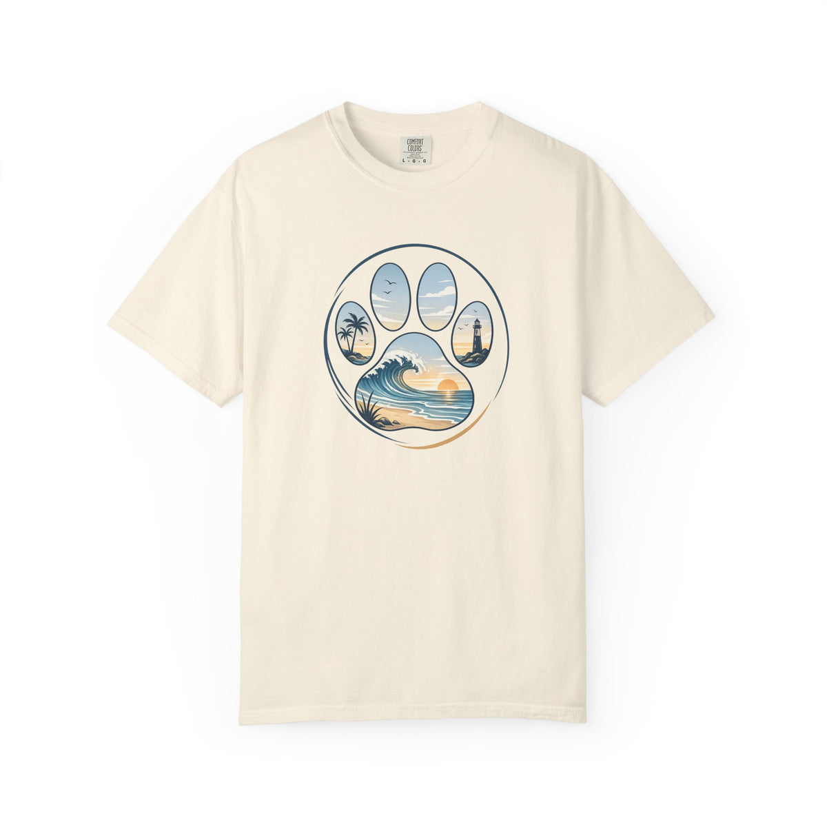 Ocean Paw Surf T-Shirt — Beach Sunset Paw Print Tee