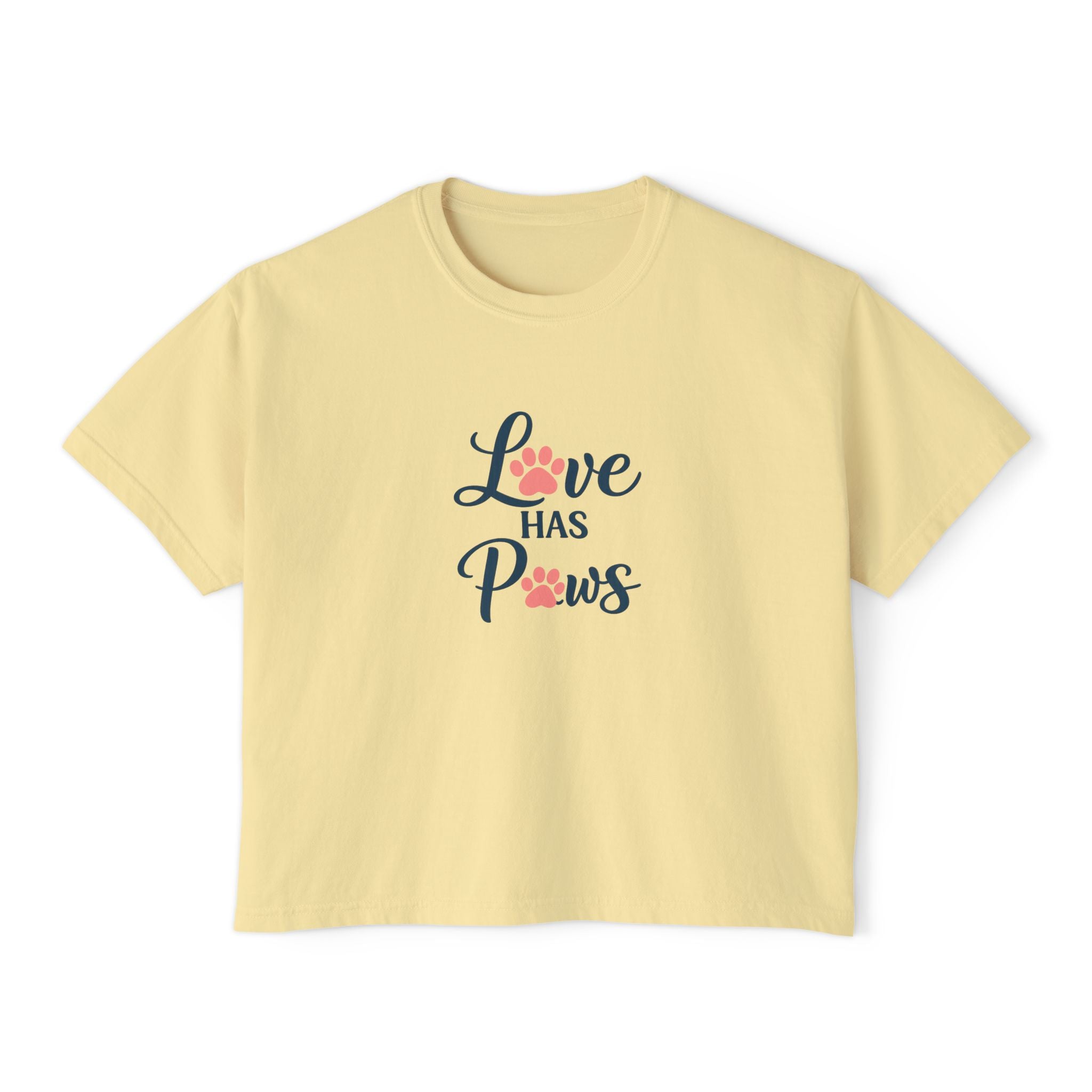 Love Has Paws Boxy Tee — Women’s Cute Cat & Dog Paw Comfort Colors Graphic Shirt