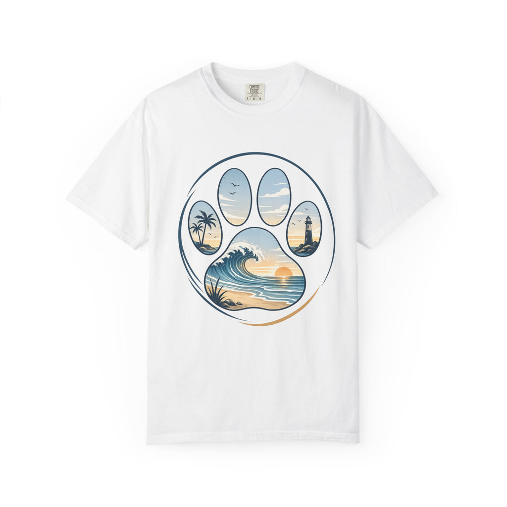 Ocean Paw Surf T-Shirt — Beach Sunset Paw Print Tee