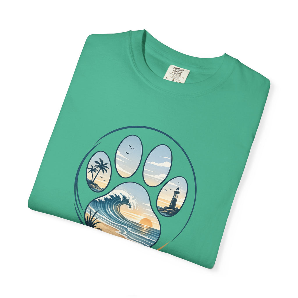 Ocean Paw Surf T-Shirt — Beach Sunset Paw Print Tee