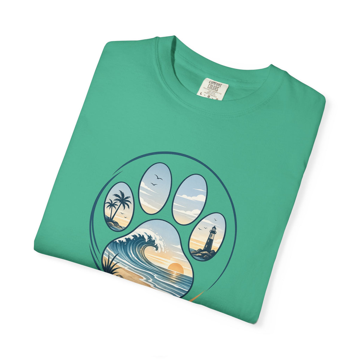 Ocean Paw Surf T-Shirt — Beach Sunset Paw Print Tee