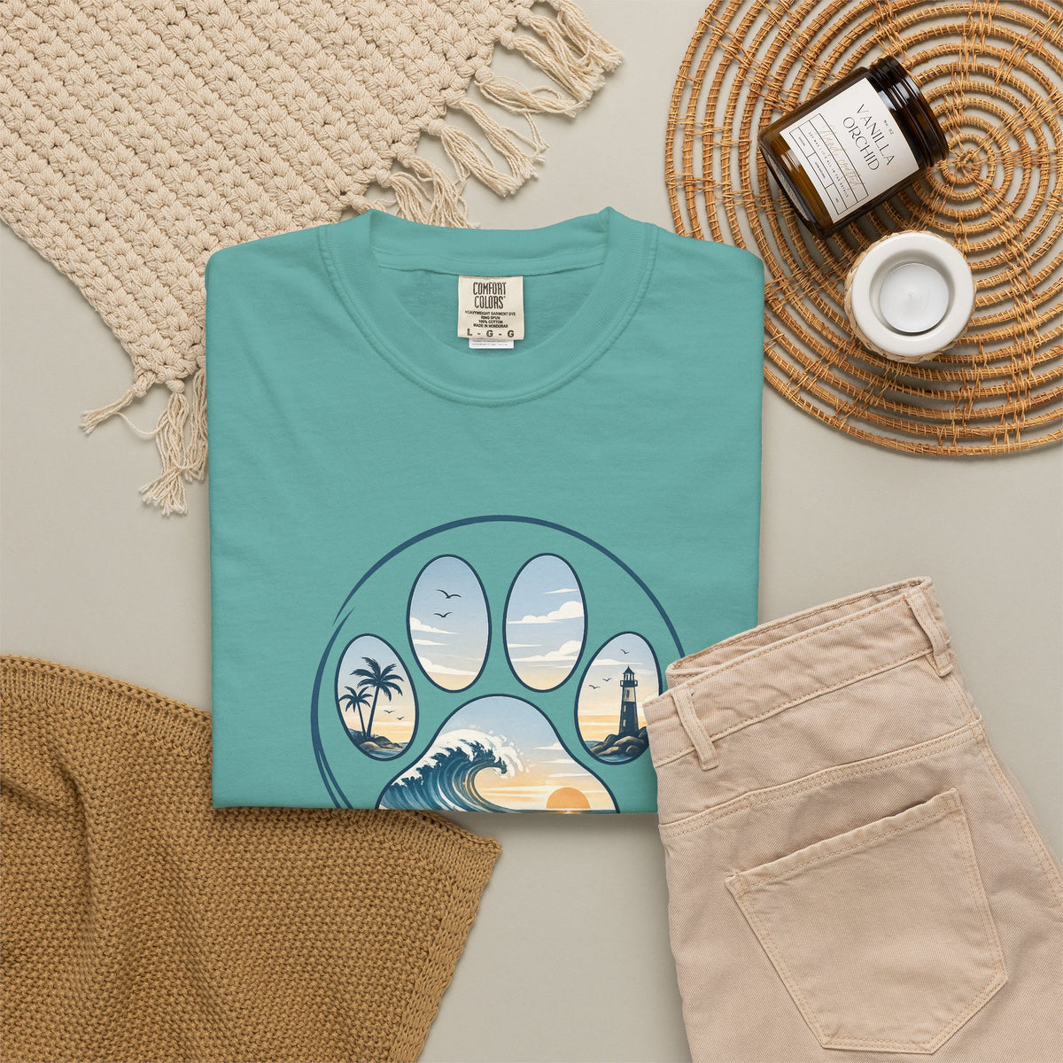 Ocean Paw Surf T-Shirt — Beach Sunset Paw Print Tee