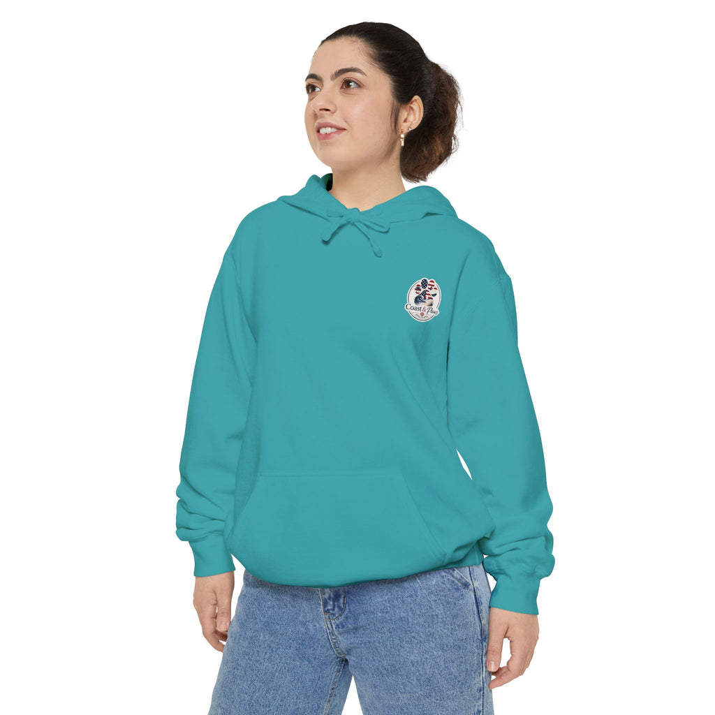 Patriotic Signature Coast & Paws Hoodie — Small Left-Chest Graphic, Cozy Casual Pullover