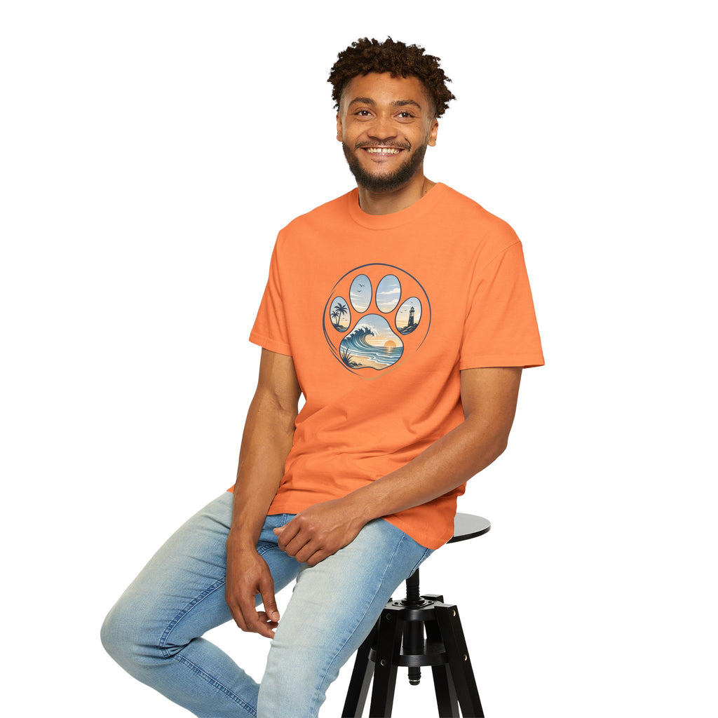 Ocean Paw Surf T-Shirt — Beach Sunset Paw Print Tee
