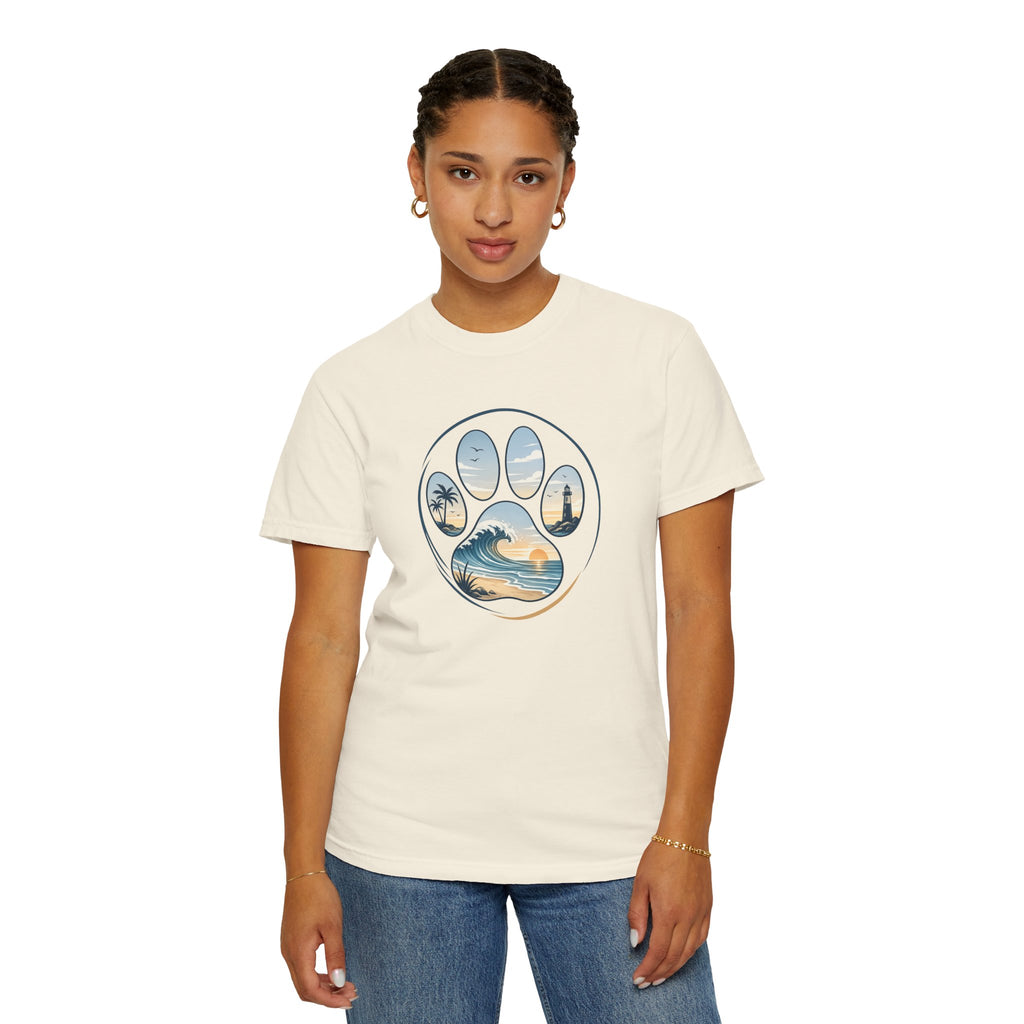 Ocean Paw Surf T-Shirt — Beach Sunset Paw Print Tee