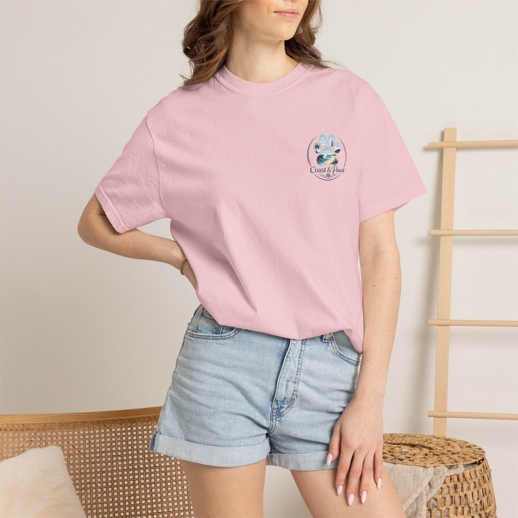 Paws Tides & Good Vibes T-Shirt | Beach Dog Paw Print Coastal Scene