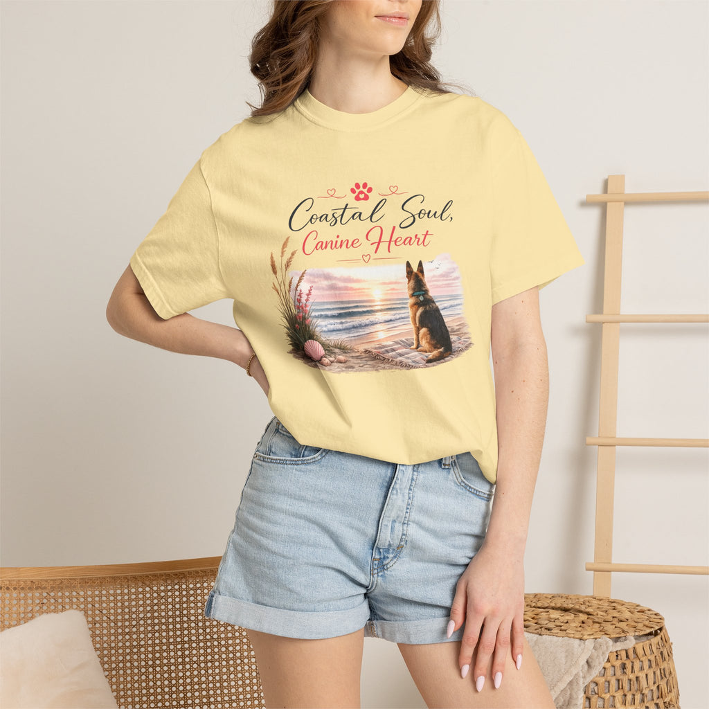 Coastal Soul Canine Heart T-shirt | Beach Dog Sunset Design