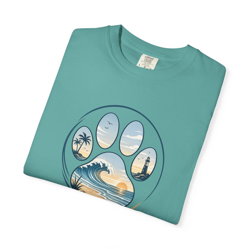 Ocean Paw Surf T-Shirt — Beach Sunset Paw Print Tee