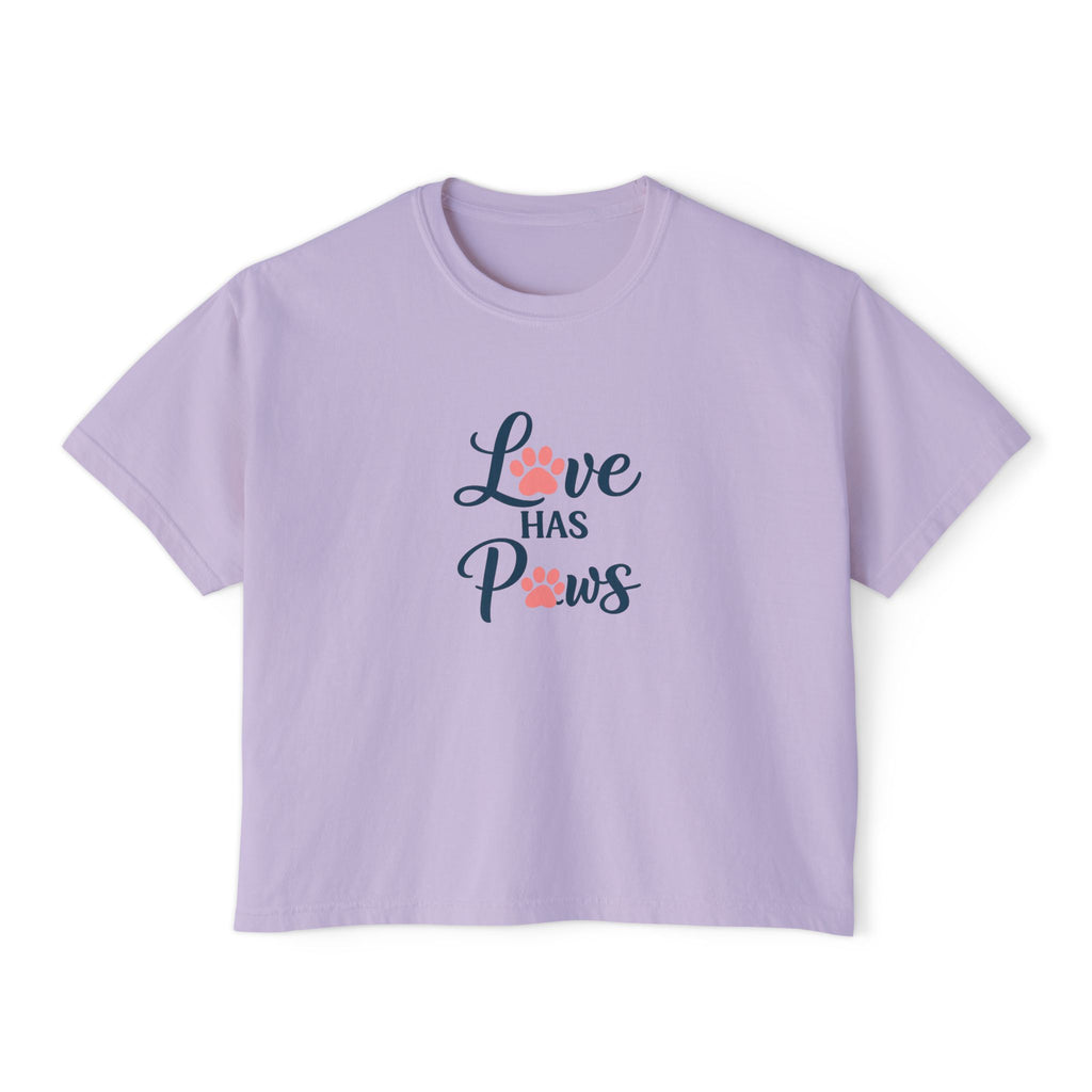 Love Has Paws Boxy Tee — Women’s Cute Cat & Dog Paw Comfort Colors Graphic Shirt