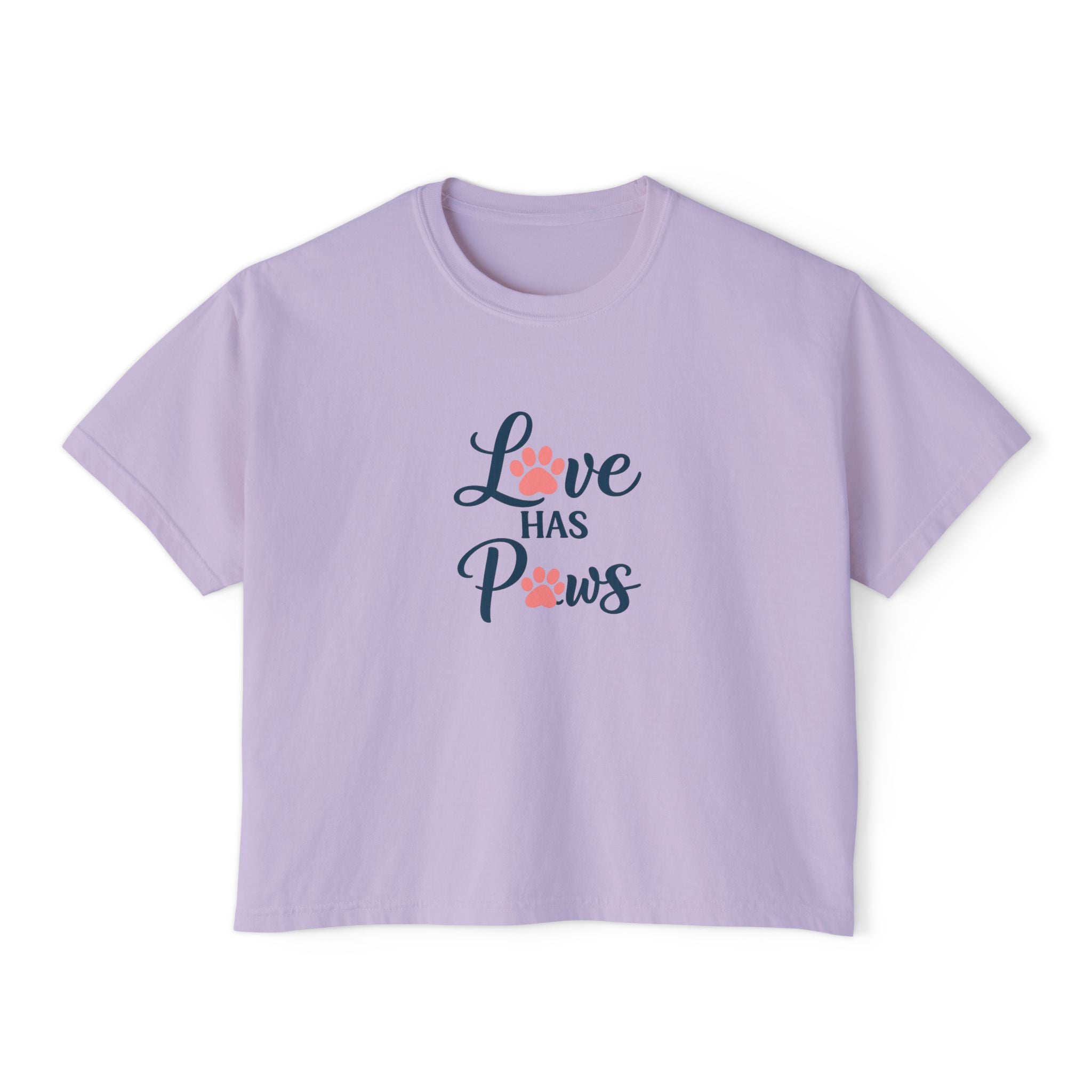 Love Has Paws Boxy Tee — Women’s Cute Cat & Dog Paw Comfort Colors Graphic Shirt