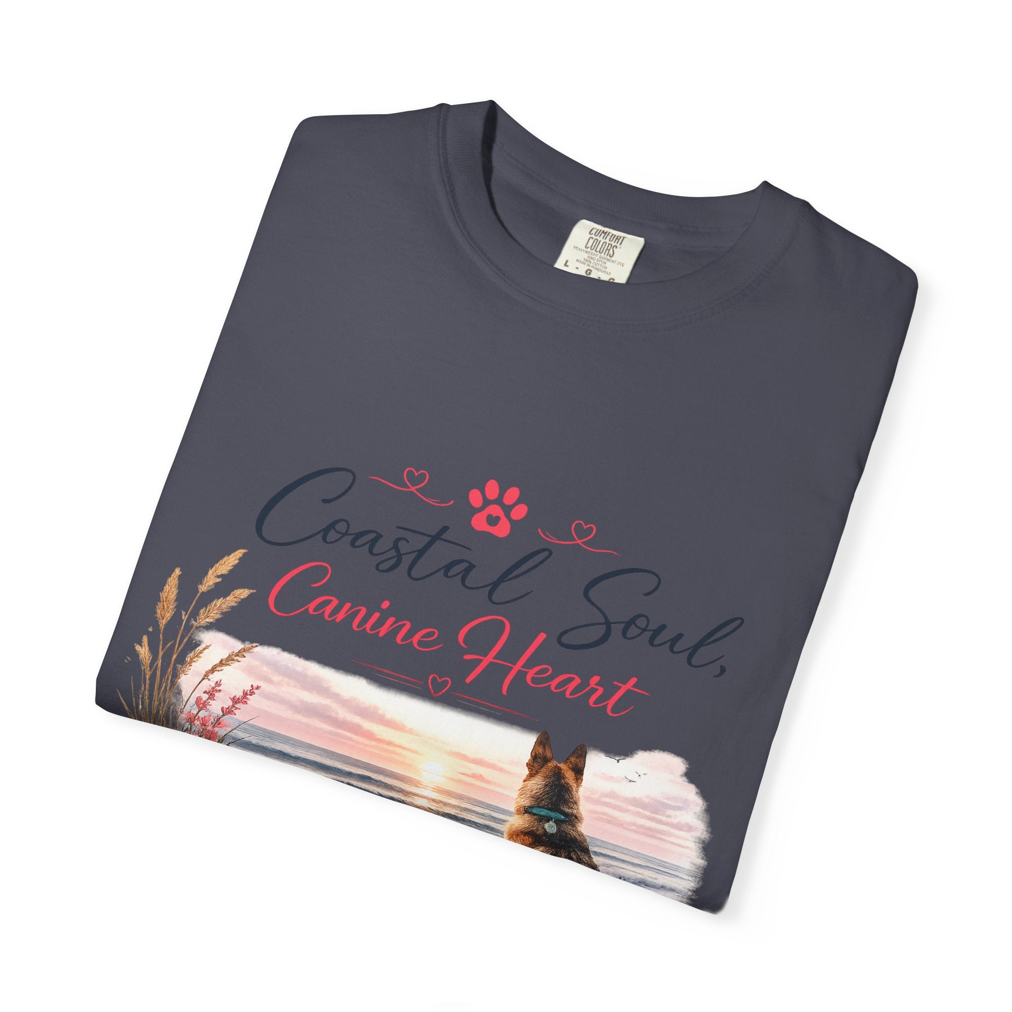 Coastal Soul Canine Heart T-shirt | Beach Dog Sunset Design