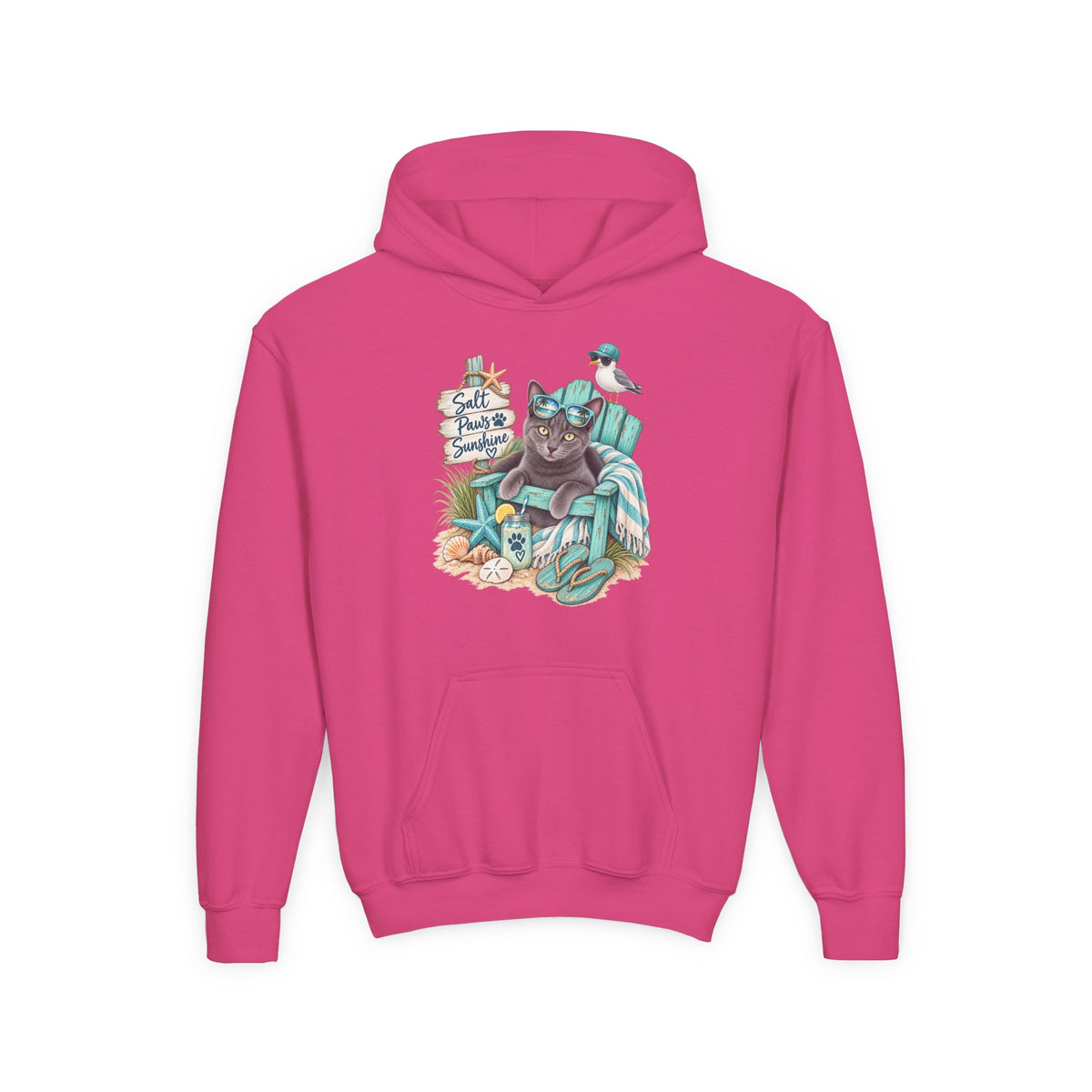 Youth Hoodie — "Sea Side Nap" Cat Beach Graphic Sweatshirt