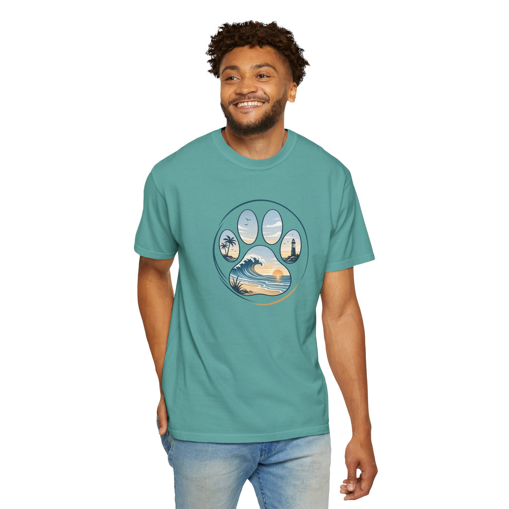 Ocean Paw Surf T-Shirt — Beach Sunset Paw Print Tee