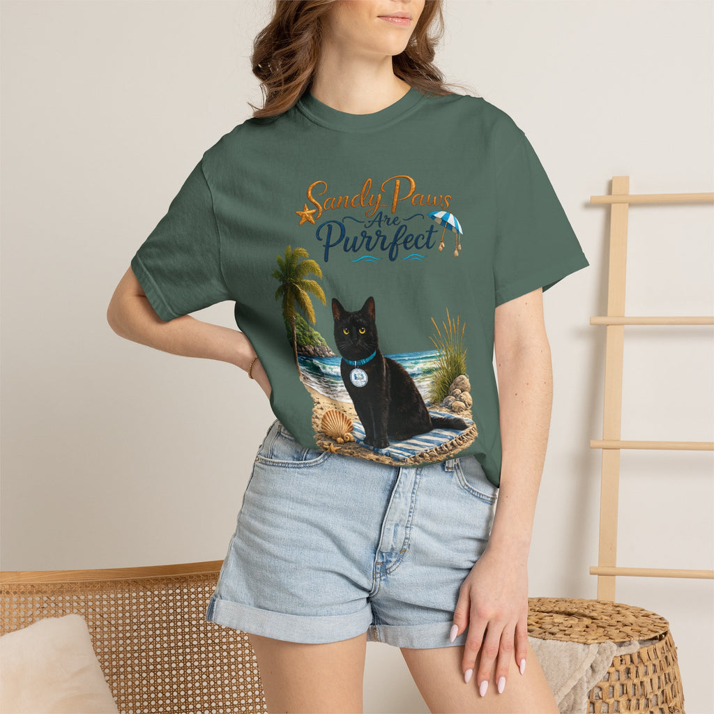 Sandy Paws Are Purrfect - Comfort Colors Unisex Garment Dyed Cat Beach T-Shirt
