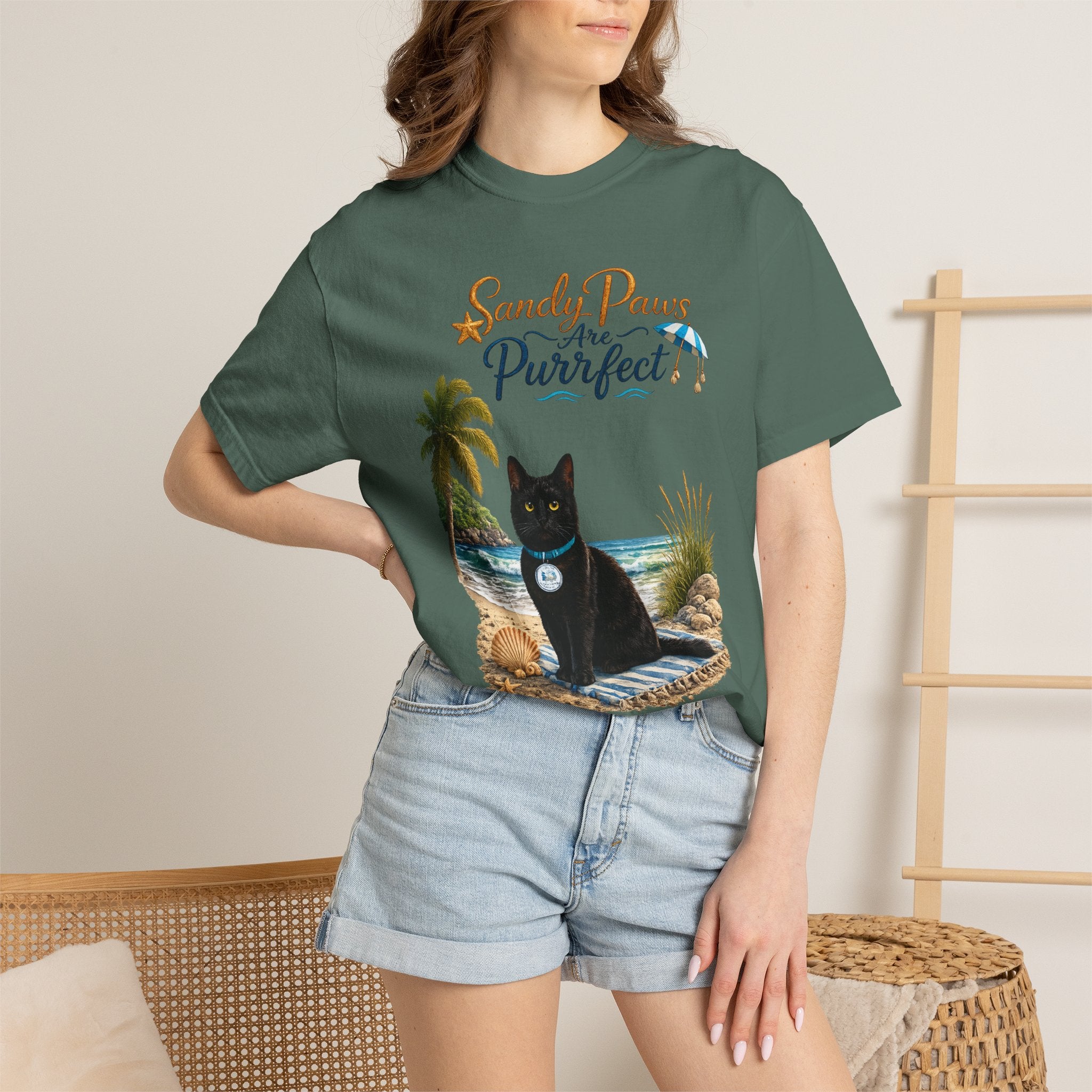 Sandy Paws Are Purrfect - Comfort Colors Unisex Garment Dyed Cat Beach T-Shirt