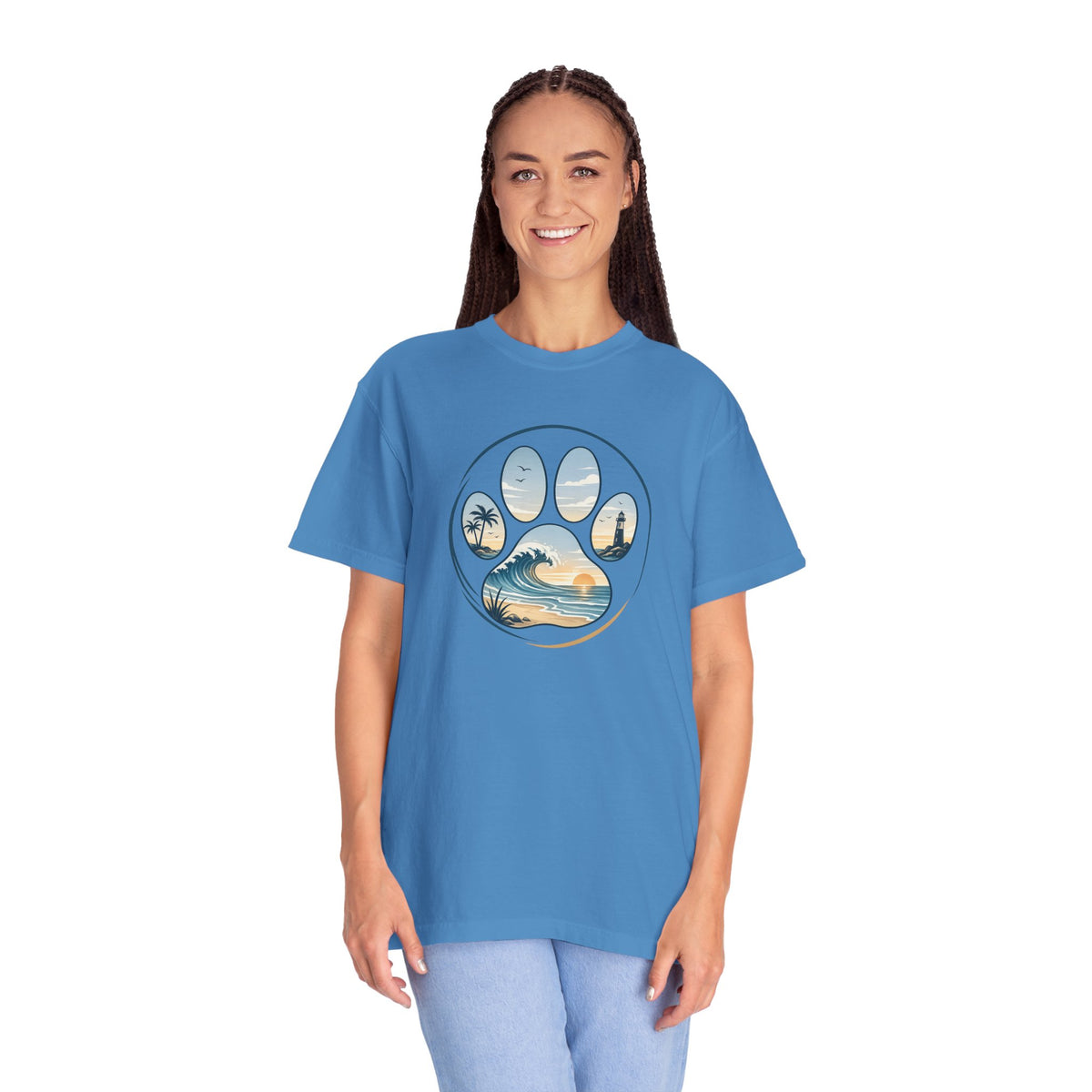 Ocean Paw Surf T-Shirt — Beach Sunset Paw Print Tee