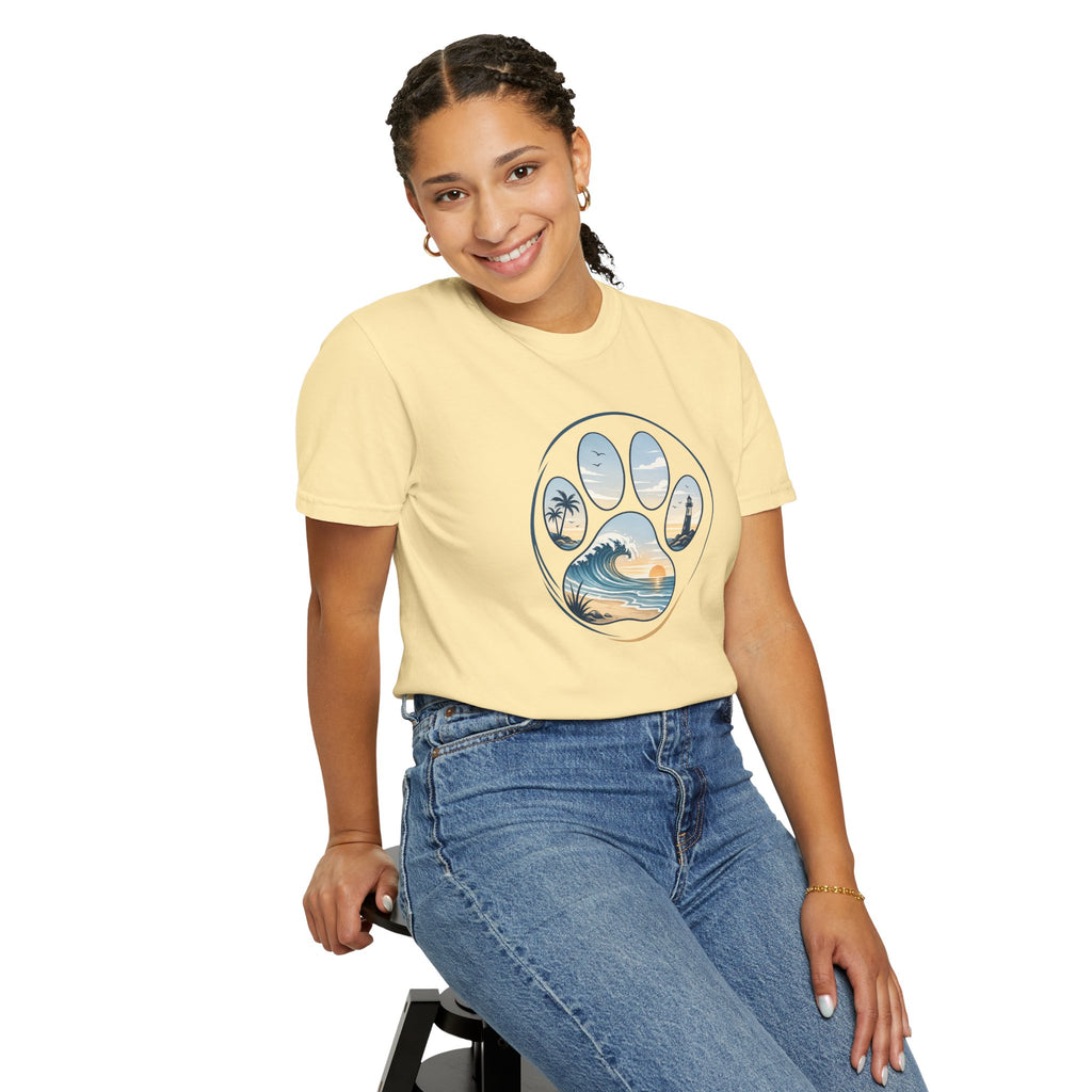 Ocean Paw Surf T-Shirt — Beach Sunset Paw Print Tee