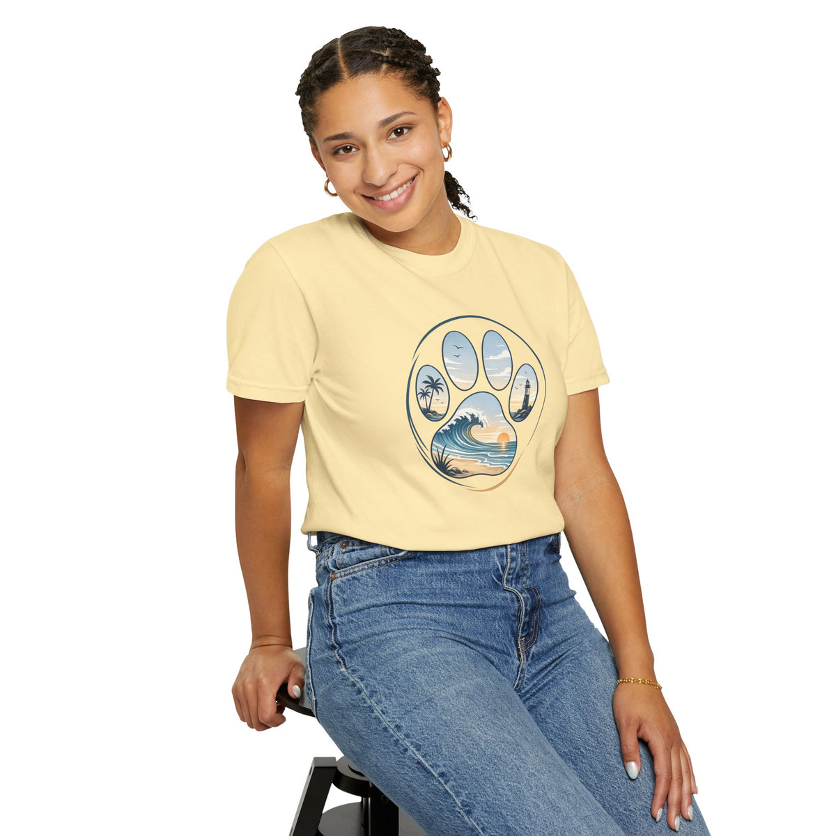 Ocean Paw Surf T-Shirt — Beach Sunset Paw Print Tee
