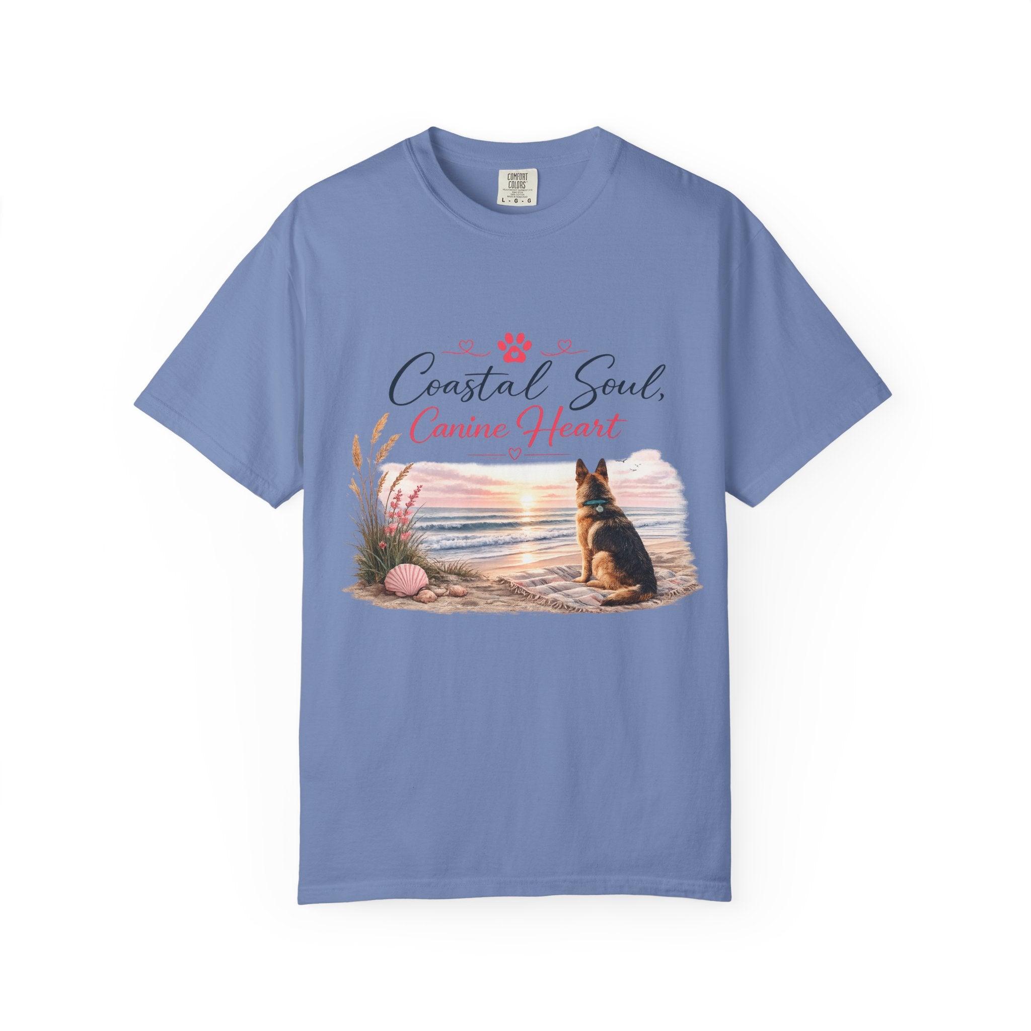 Coastal Soul Canine Heart T-shirt | Beach Dog Sunset Design