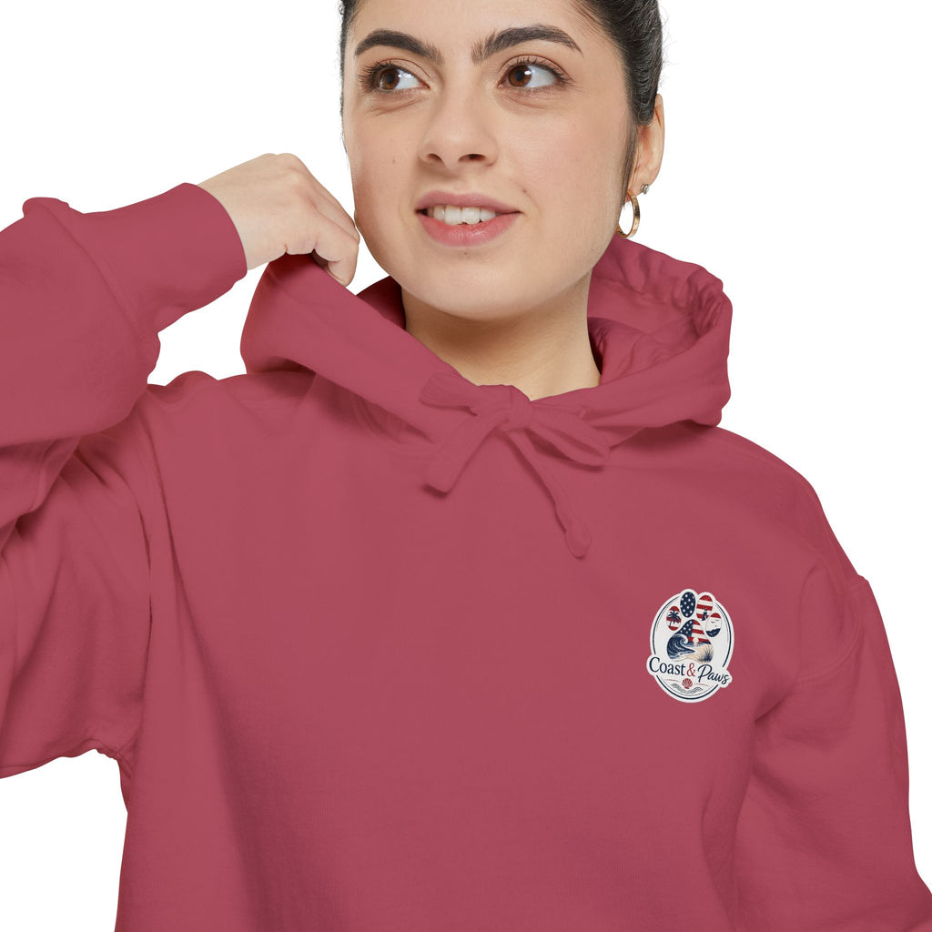 Patriotic Signature Coast & Paws Hoodie — Small Left-Chest Graphic, Cozy Casual Pullover