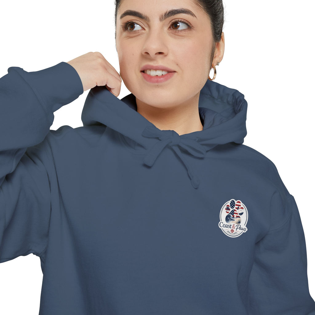 Patriotic Signature Coast & Paws Hoodie — Small Left-Chest Graphic, Cozy Casual Pullover