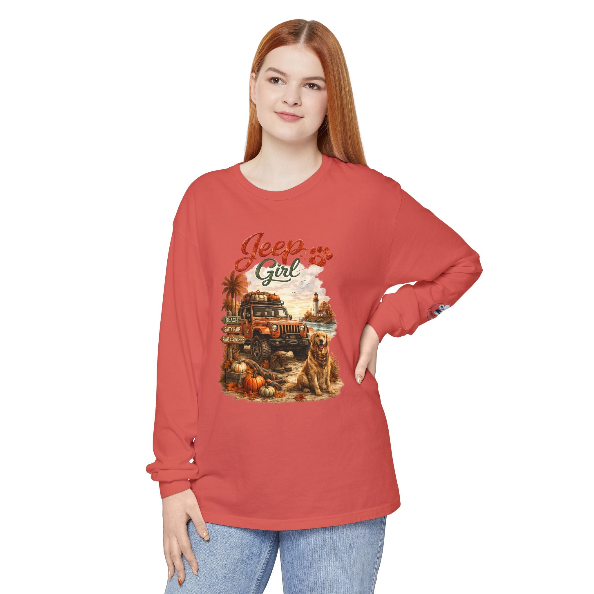 Jeep Girl Long Sleeve Tee — Fall Adventure Pumpkins & Dog Graphic