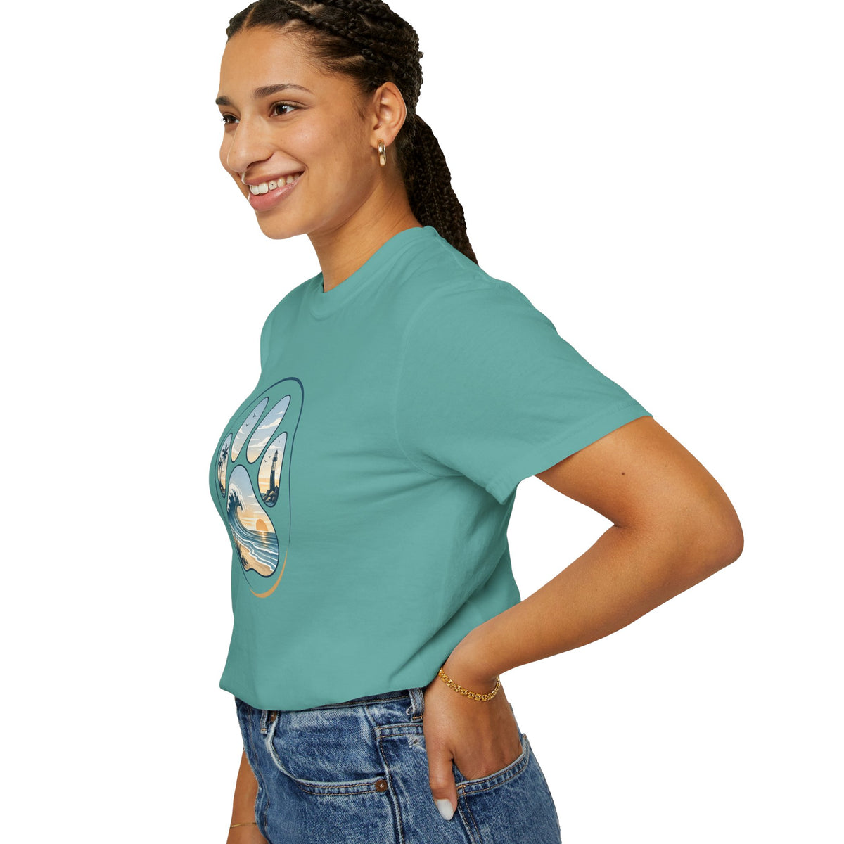Ocean Paw Surf T-Shirt — Beach Sunset Paw Print Tee