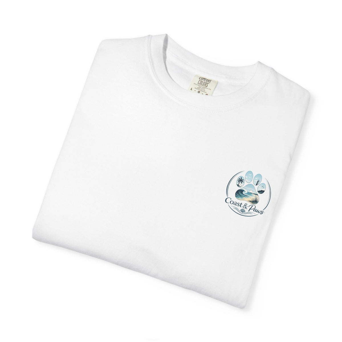 Paws Tides & Good Vibes T-Shirt | Beach Dog Paw Print Coastal Scene