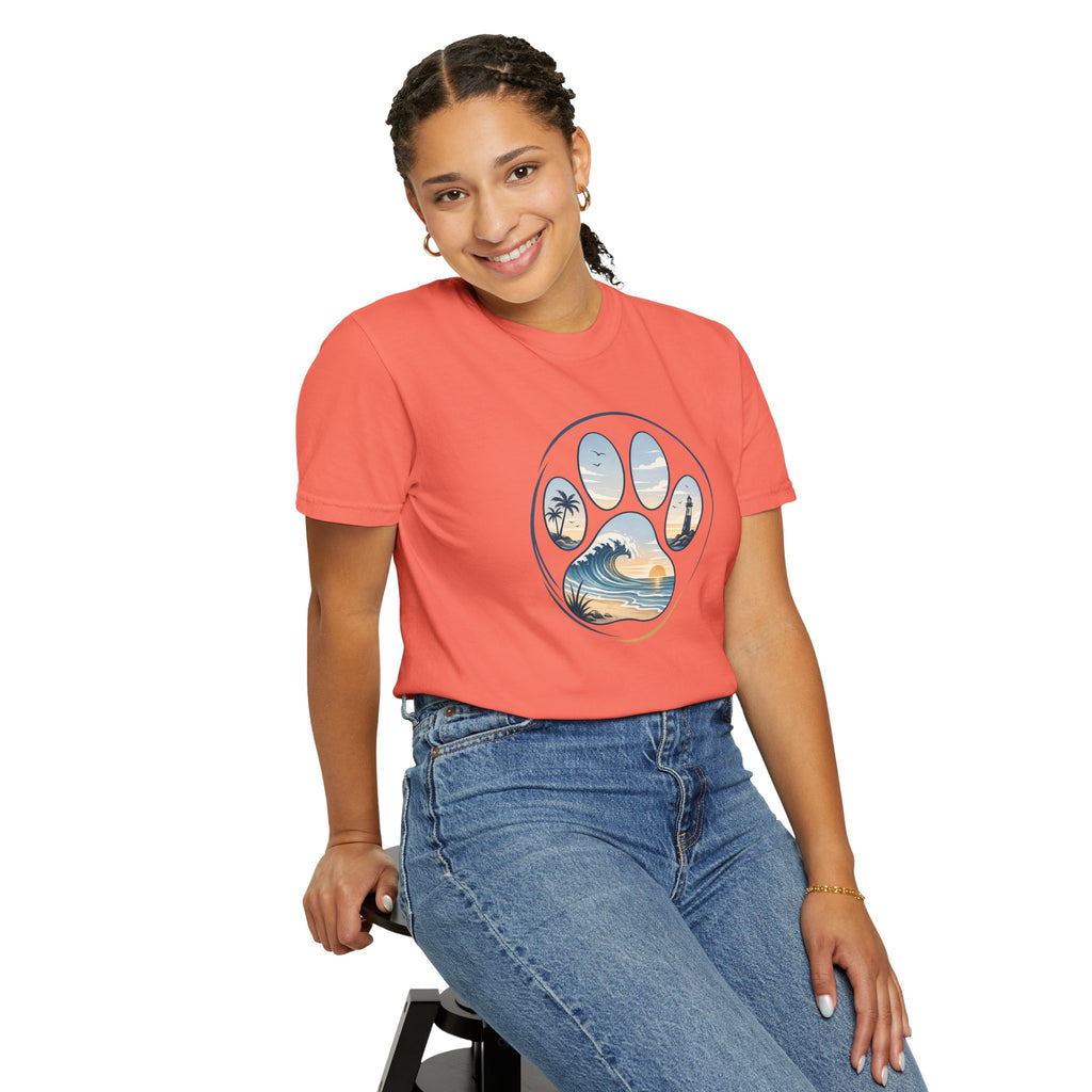 Ocean Paw Surf T-Shirt — Beach Sunset Paw Print Tee