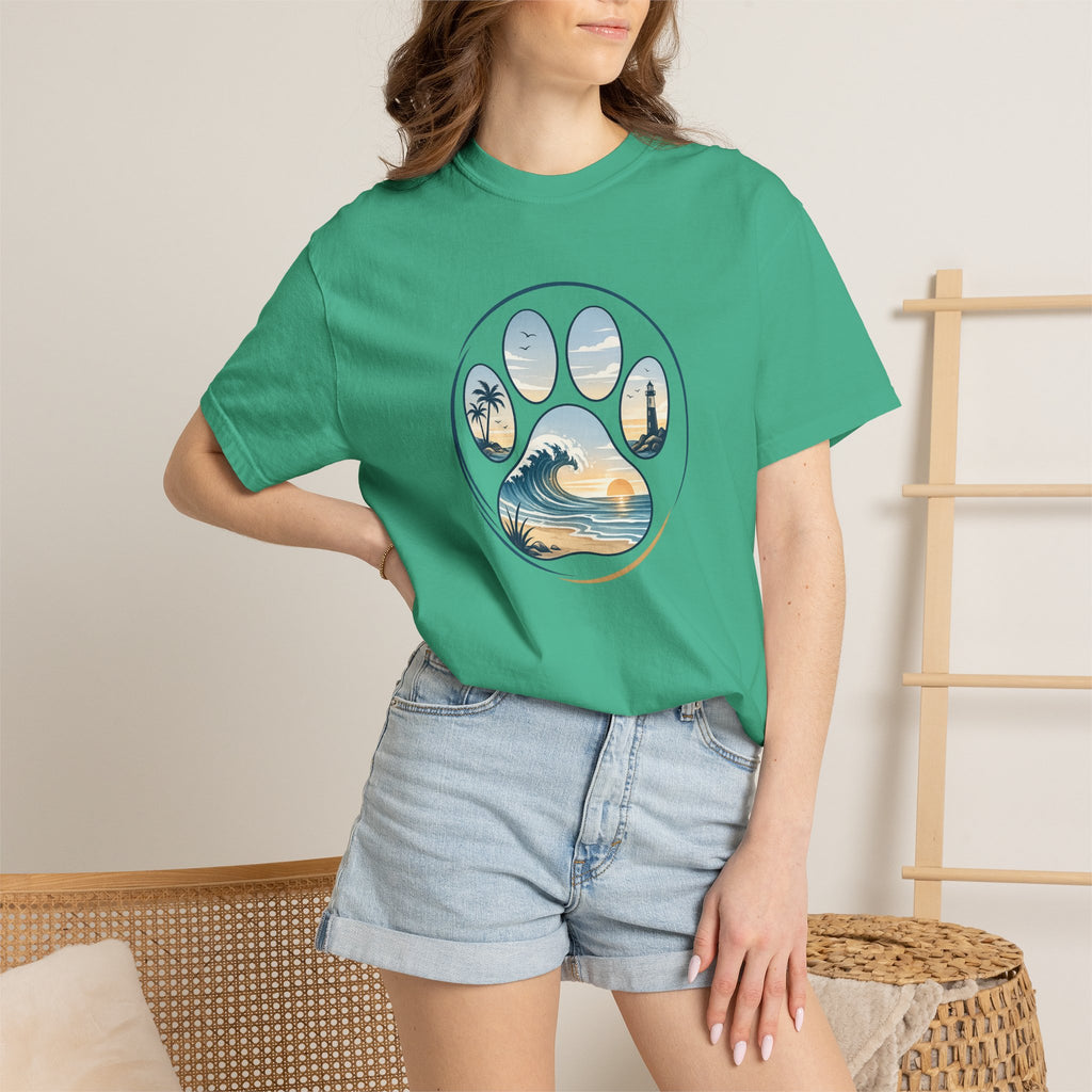 Ocean Paw Surf T-Shirt — Beach Sunset Paw Print Tee
