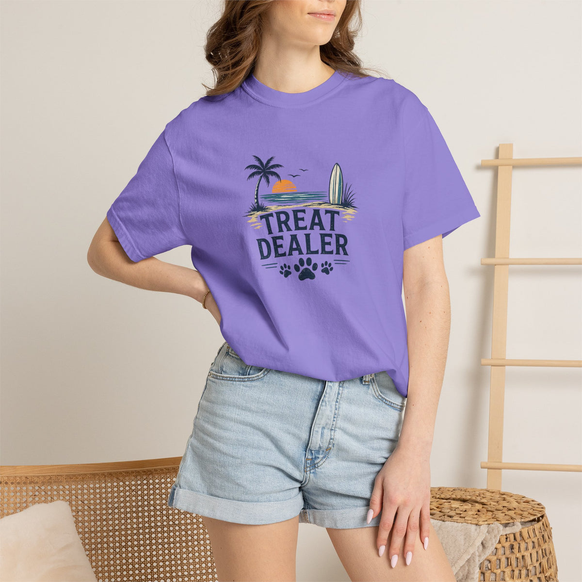 Treat Dealer Beach T-Shirt — Cute Dog Paw Surf Graphic