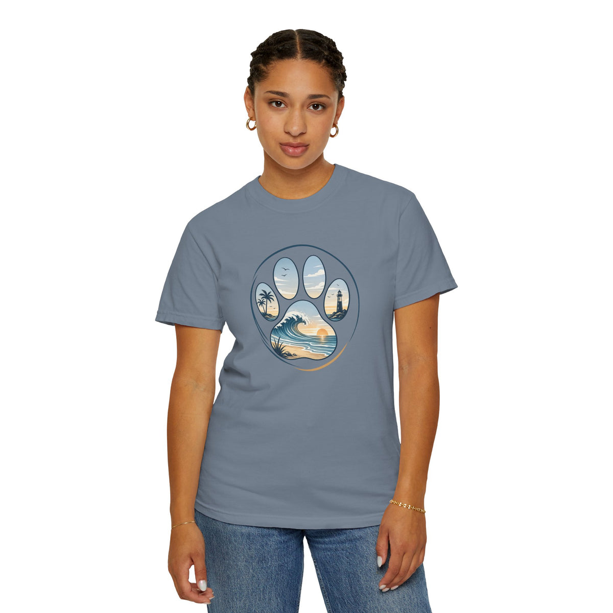 Ocean Paw Surf T-Shirt — Beach Sunset Paw Print Tee