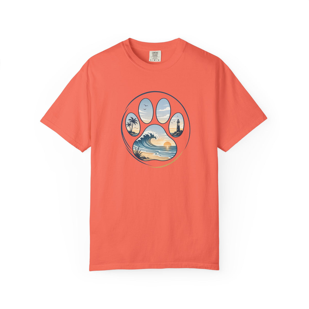 Ocean Paw Surf T-Shirt — Beach Sunset Paw Print Tee