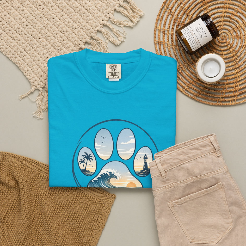 Ocean Paw Surf T-Shirt — Beach Sunset Paw Print Tee