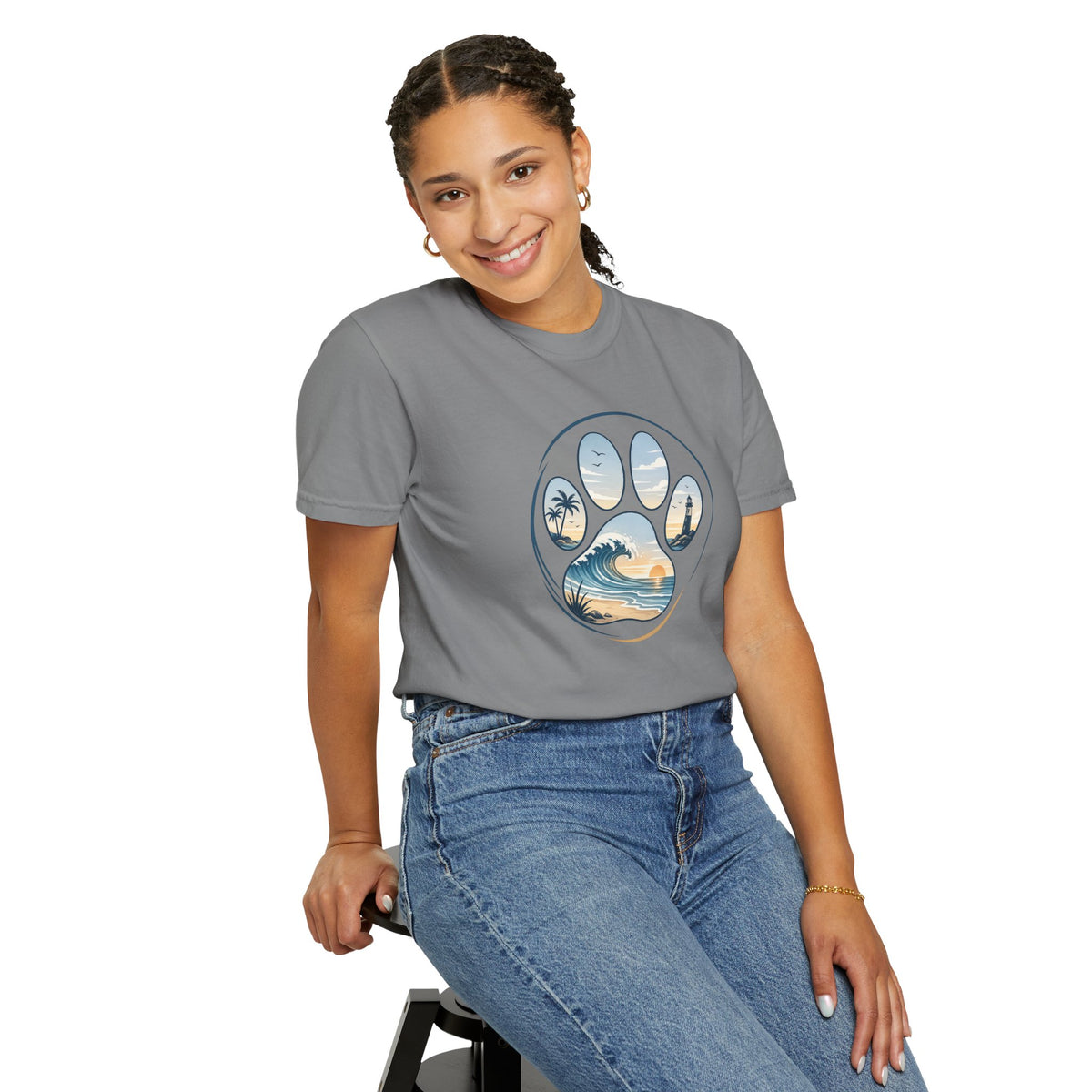 Ocean Paw Surf T-Shirt — Beach Sunset Paw Print Tee