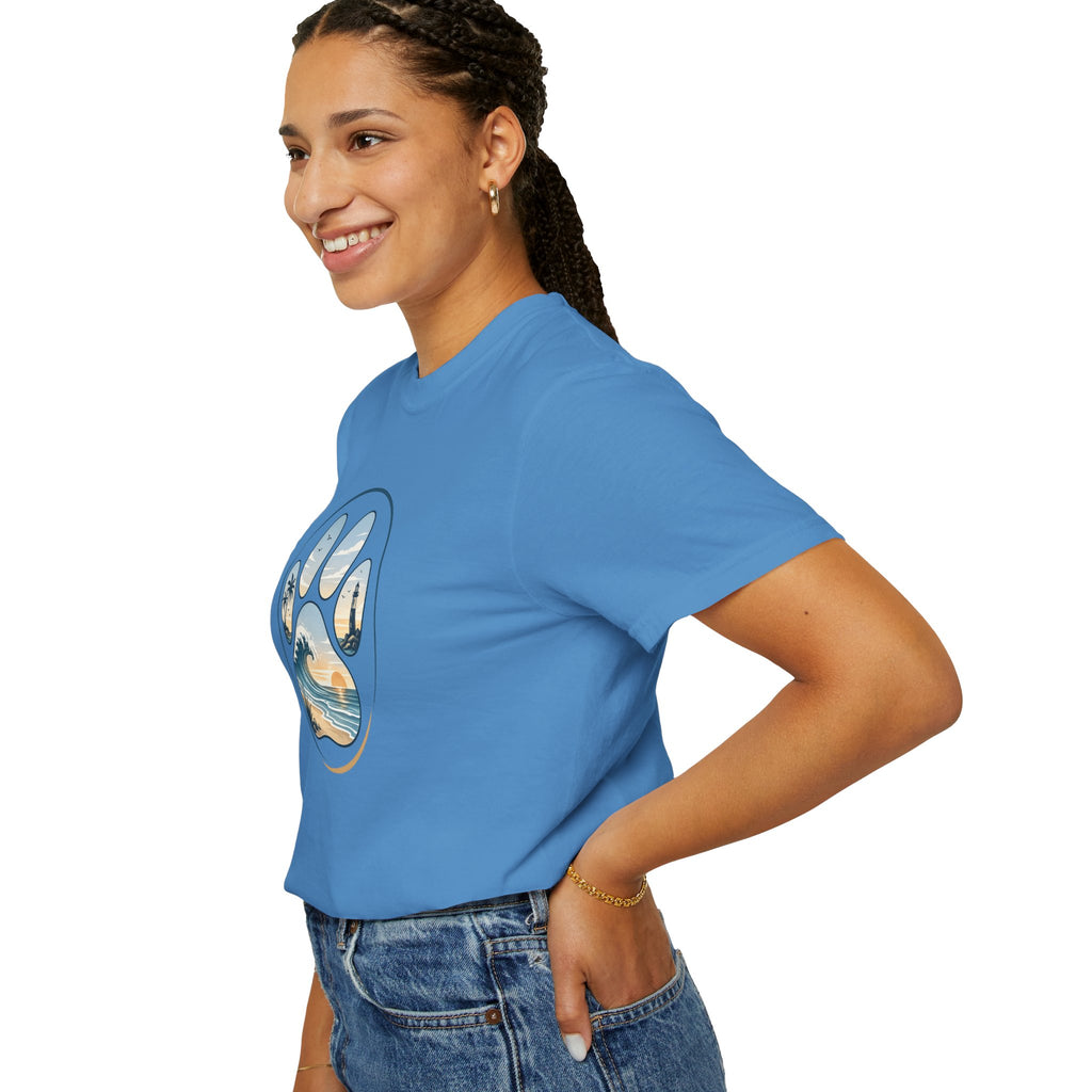Ocean Paw Surf T-Shirt — Beach Sunset Paw Print Tee