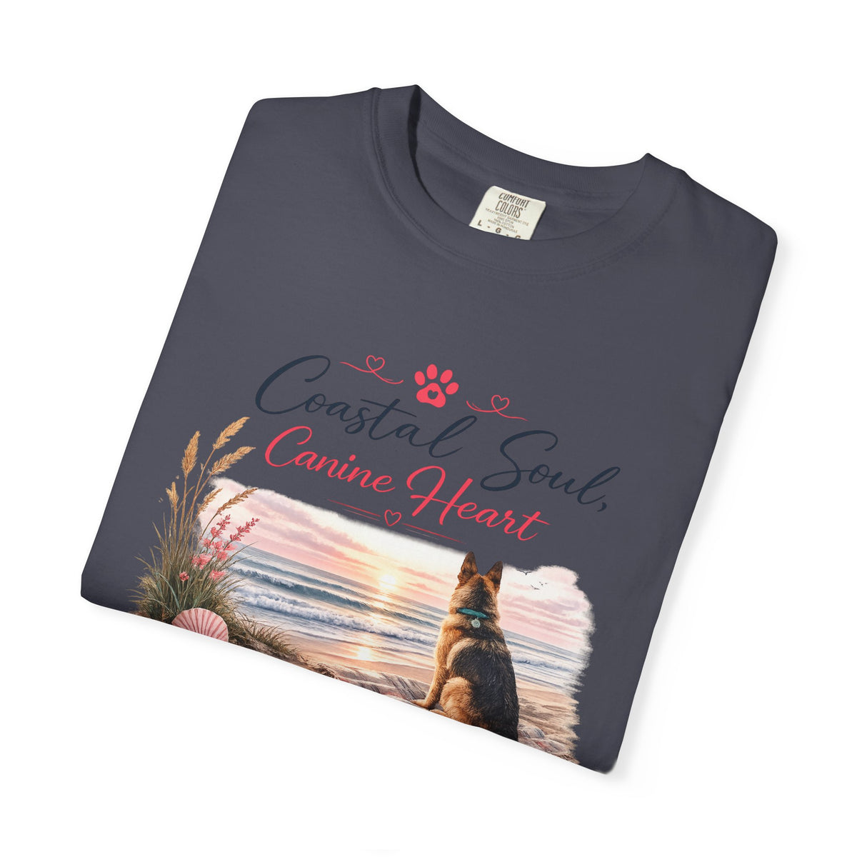 Coastal Soul Canine Heart T-shirt | Beach Dog Sunset Design