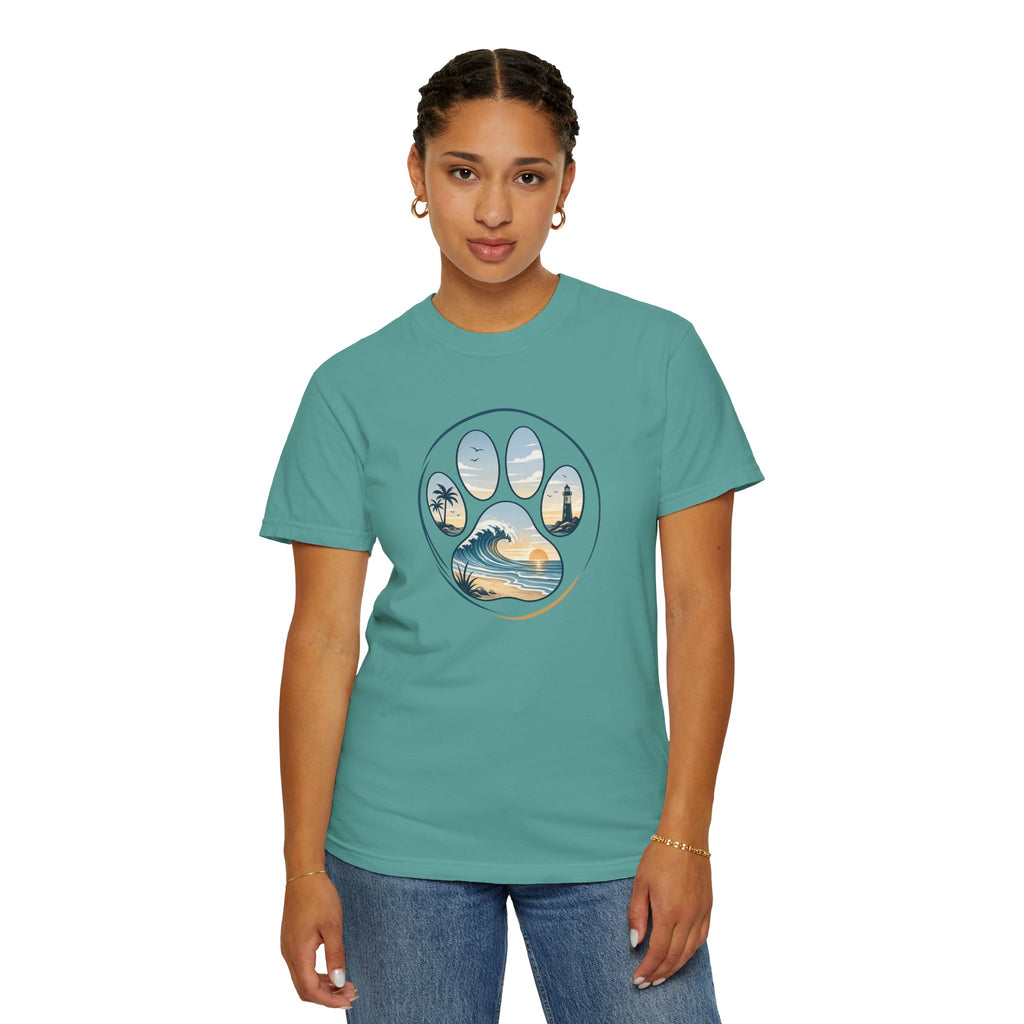 Ocean Paw Surf T-Shirt — Beach Sunset Paw Print Tee