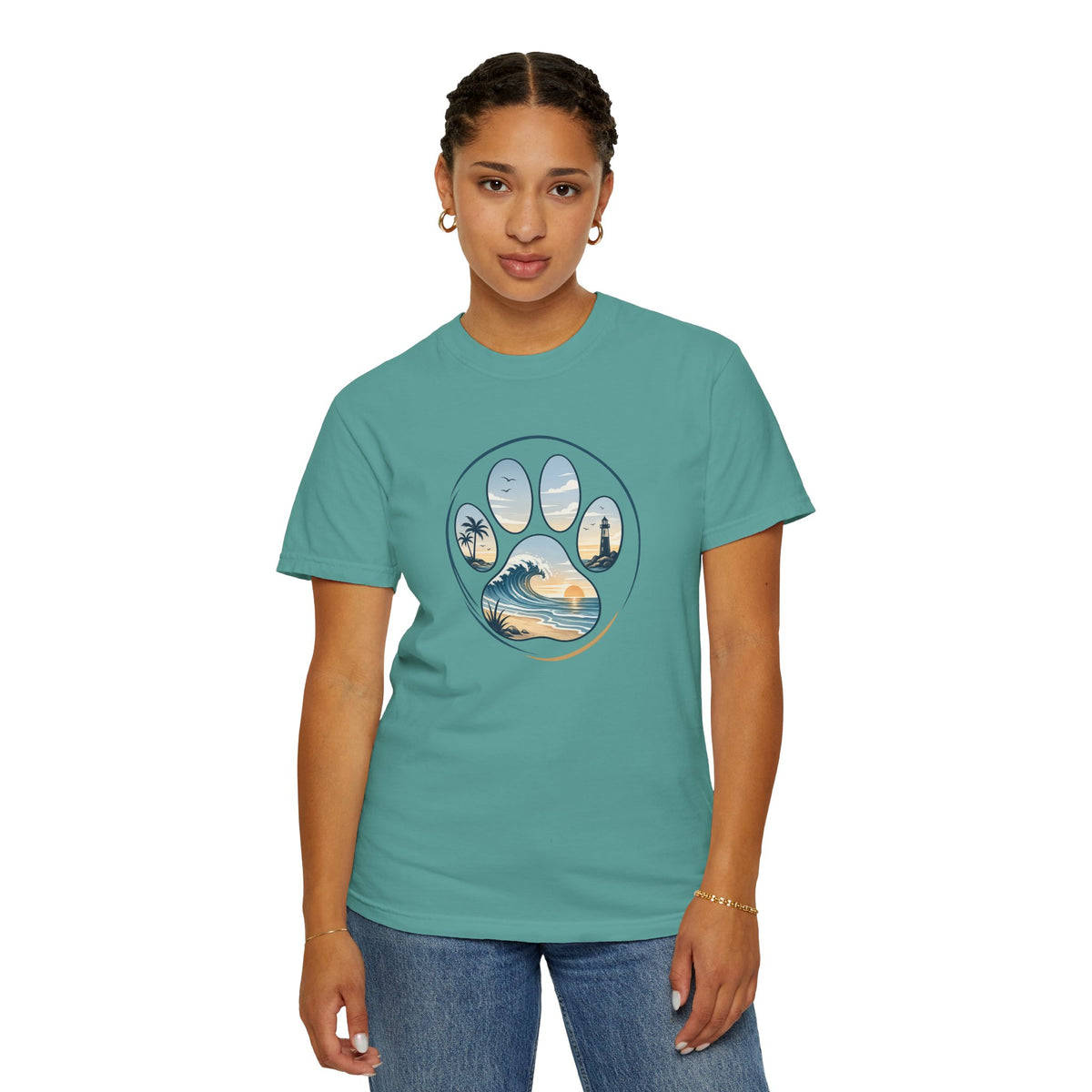 Ocean Paw Surf T-Shirt — Beach Sunset Paw Print Tee
