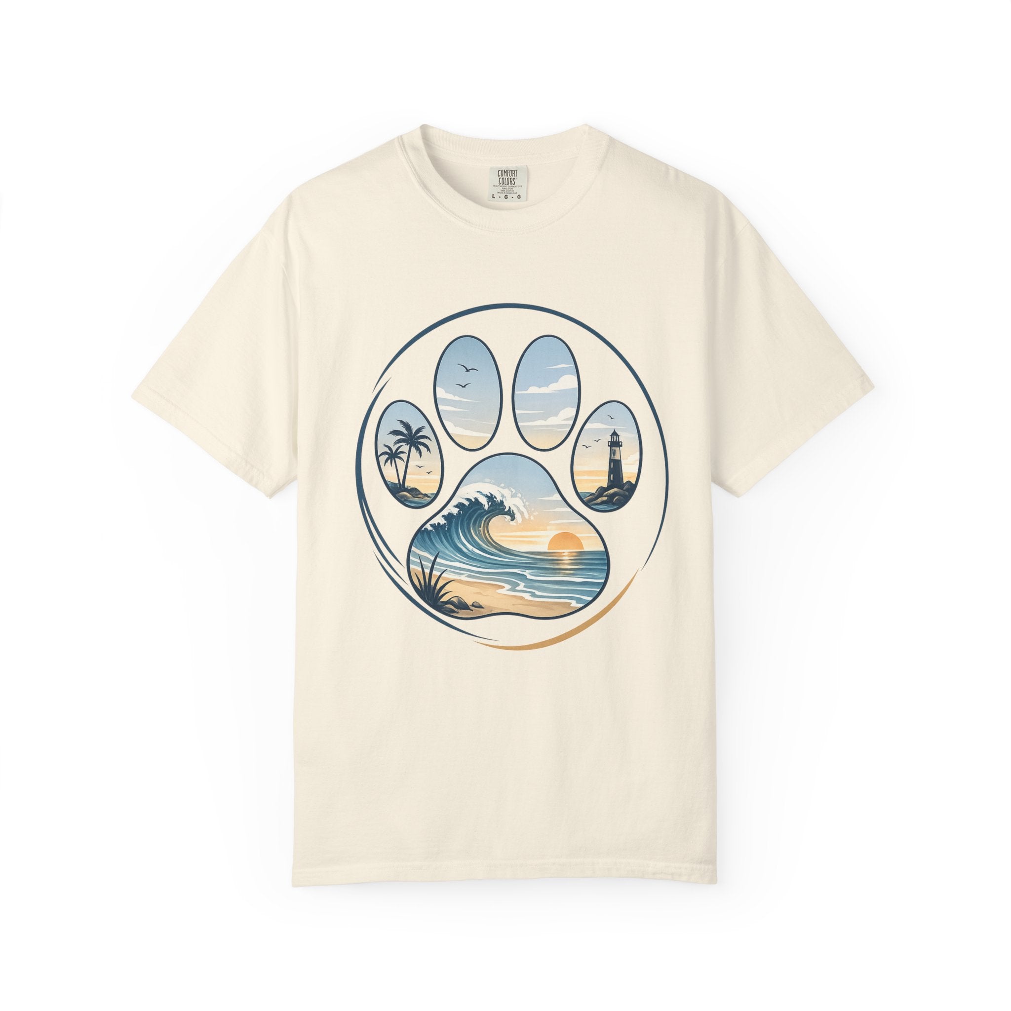 Ocean Paw Surf T-Shirt — Beach Sunset Paw Print Tee