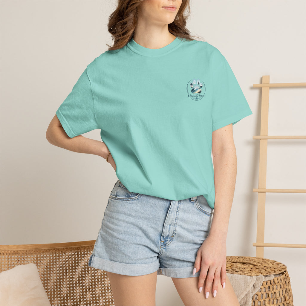 Paws Tides & Good Vibes T-Shirt | Beach Dog Paw Print Coastal Scene