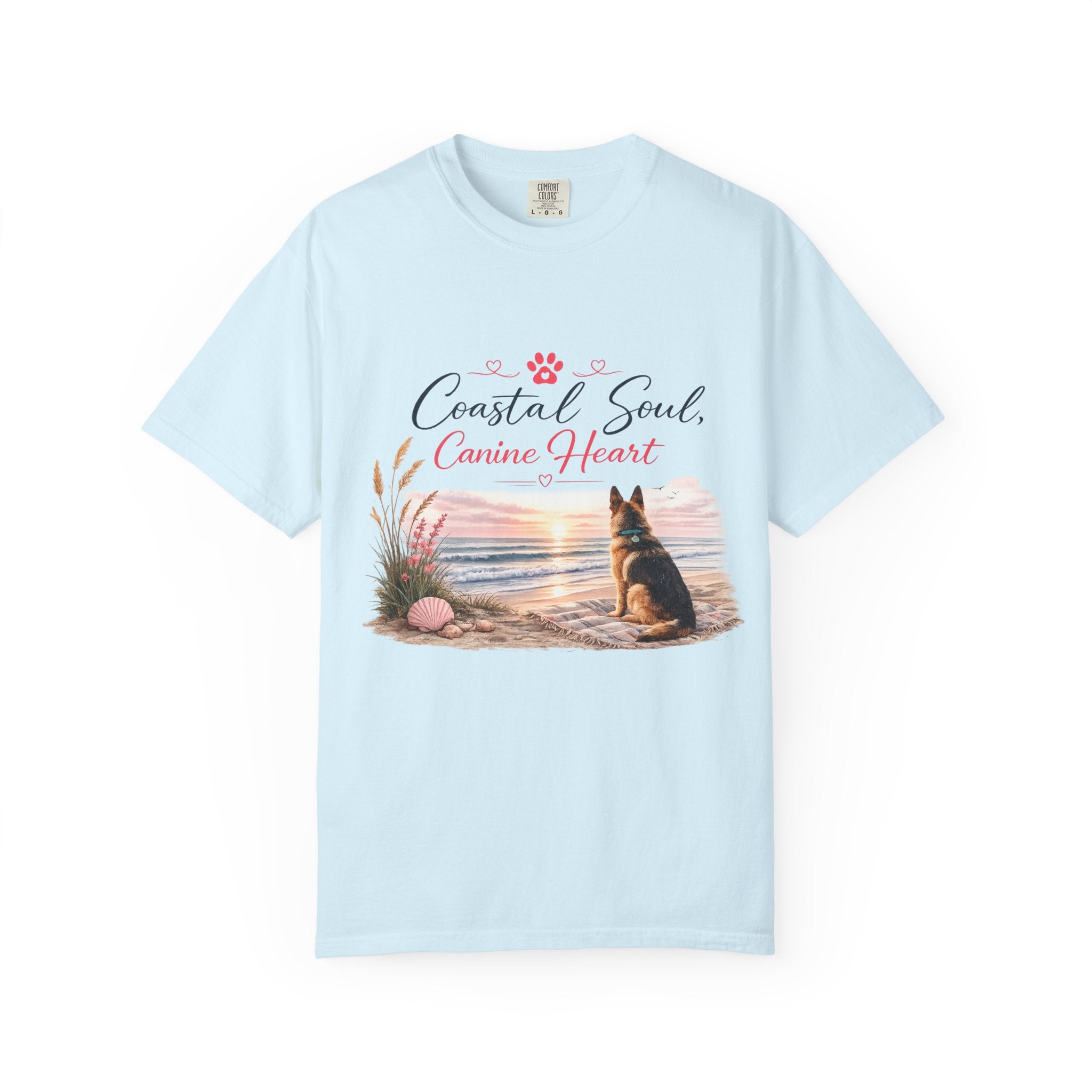 Coastal Soul Canine Heart T-shirt | Beach Dog Sunset Design