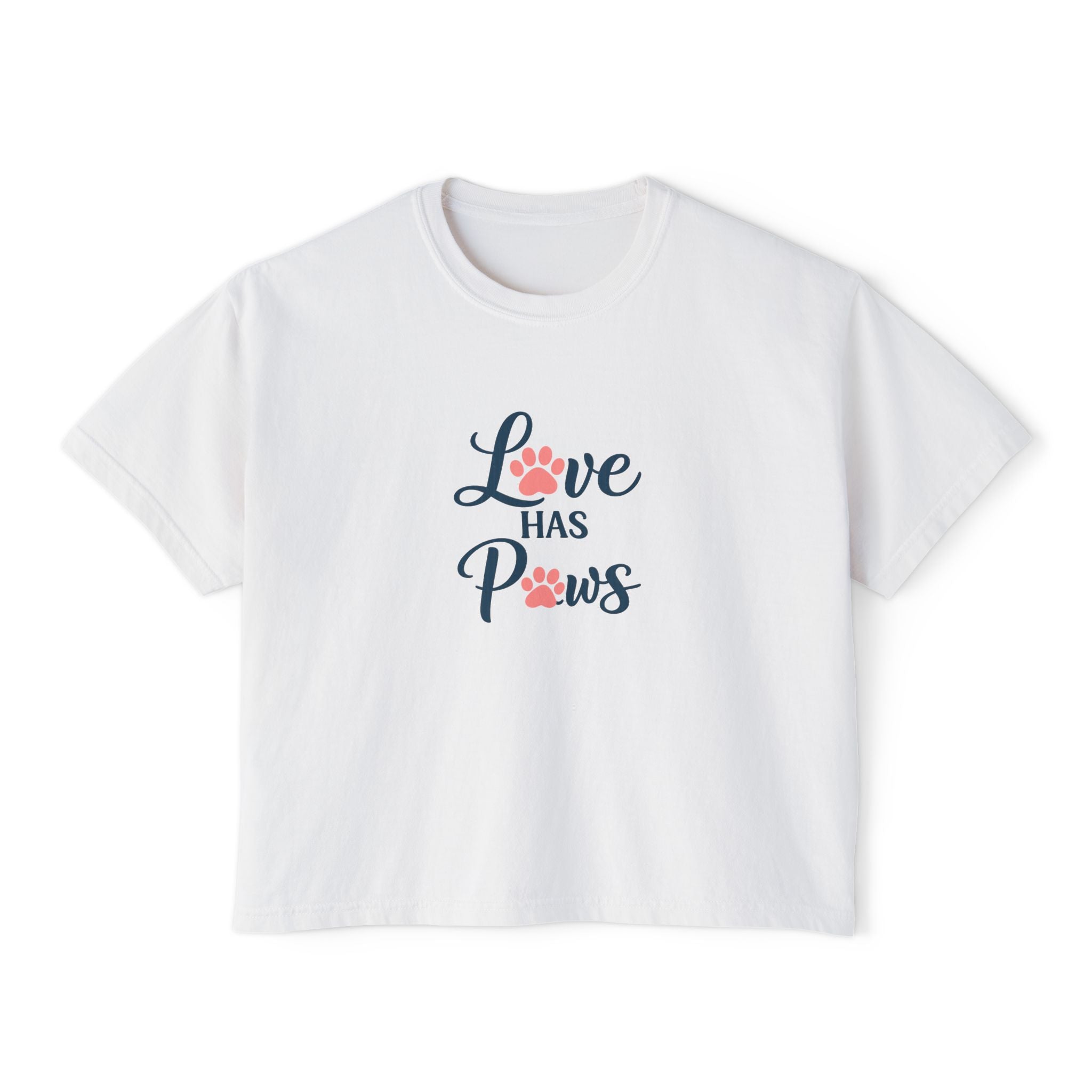 Love Has Paws Boxy Tee — Women’s Cute Cat & Dog Paw Comfort Colors Graphic Shirt